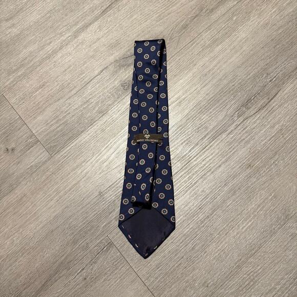 Mario Valentino Vintage Silk Tie Geometric Navy Blue Made in USA Italian Silk - Picture 7 of 8